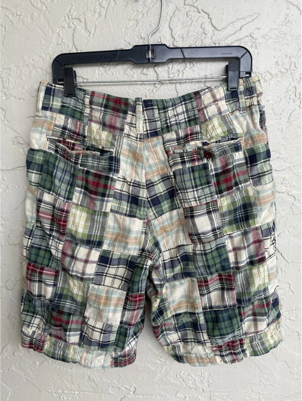 J Crew Shorts Men's 32W Multicolor Madras Plaid Patchwork Field Shorts.